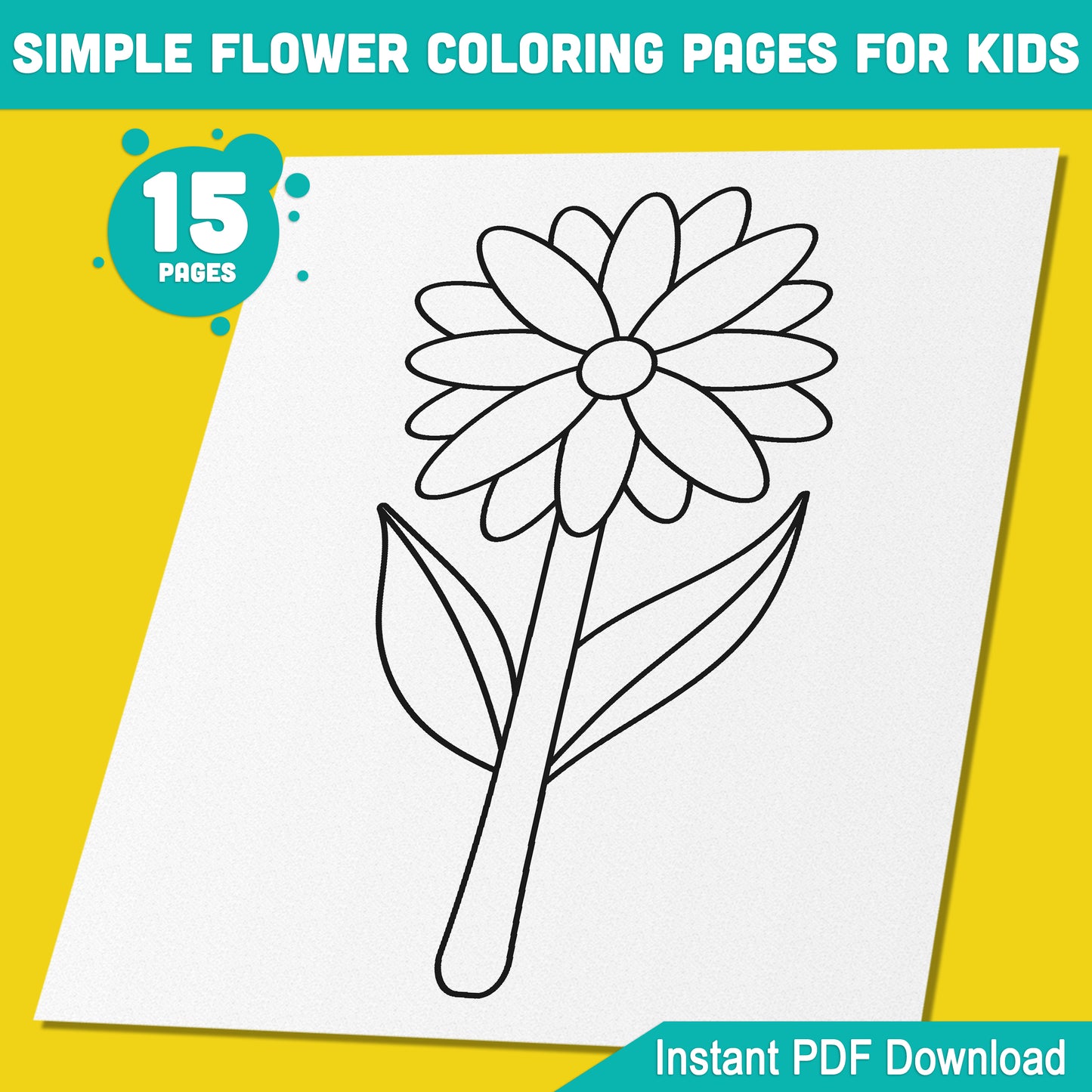 15 Simple Flower Coloring Pages for Kids: Fun and Engaging Designs, Ideal for Young Artists in Preschool and Kindergarten, Instant PDF Download