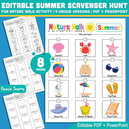 Editable Beach Scavenger Hunt for Kids – 4 Fun Versions for Outdoor Learning, PDF + PPT, Great for Summer Nature Exploration