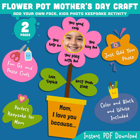 Flower Pot Mother's Day Craft, Student Picture Craft Activity, Printable Coloring Cutting Project, Gift for Mom Grandma or Family, Black White Color Pages