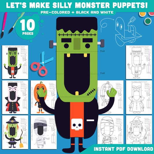 Halloween Paper Puppet Characters: 10 Fun Designs, 5 Ready to Use + 5 to Color, High Resolution 300 DPI, Perfect for Holiday Classroom and Home Crafts