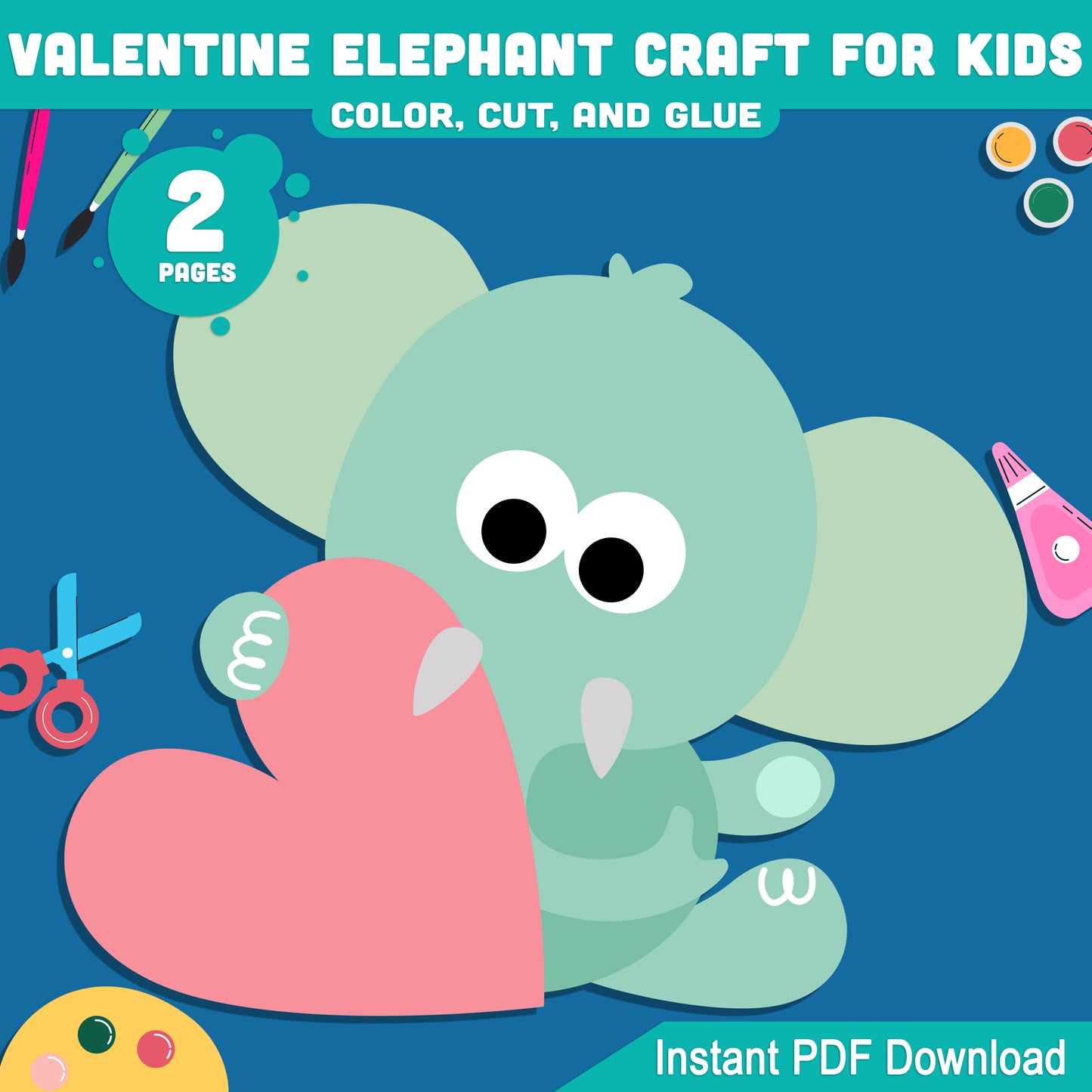 Valentine Elephant Craft for Kids, Adorable Color Cut and Glue Activity, Valentine Classroom Craft, Preschool Pre-K Kindergarten