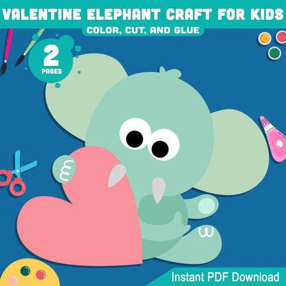 Valentine Elephant Craft for Kids, Adorable Color Cut and Glue Activity, Valentine Classroom Craft, Preschool Pre-K Kindergarten