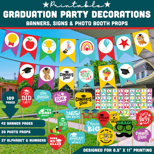 Graduation Party Decorations Printable, Banner Signs Photo Props and Alphabet Letters, Classroom Graduation Decor Set for Kids