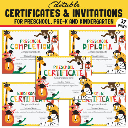 Fun Editable Certificates and Invitations for Preschool, Pre-K, and Kindergarten – 37 Customizable Pages, PDF Instant Download