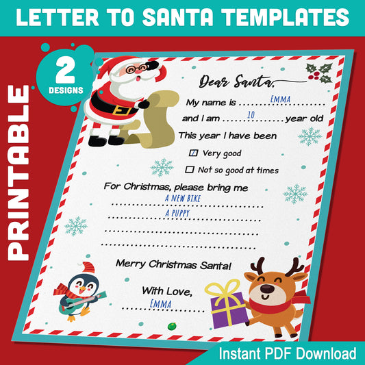 Letter to Santa & Christmas Wish List: 2 Fun Fill-in-the-Blank Printable Designs, 8.5x11", Perfect Kids Activity, Instant PDF Download