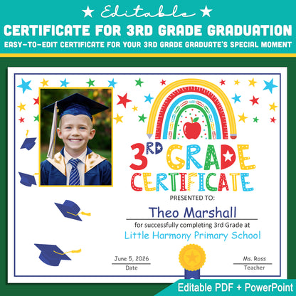 Editable 3rd Grade Certificate Template with Photo: Customizable PDF & PowerPoint for Graduation and Special Achievement Celebrations