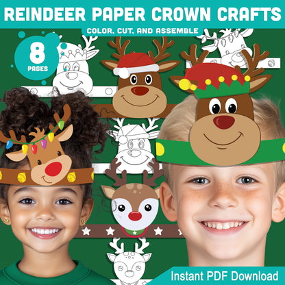 Printable Christmas Reindeer Paper Crown Crafts, Coloring Headband and Party Hat Activity, Winter Play Craft for Kids, 4 Designs, Pre-color + Black & White
