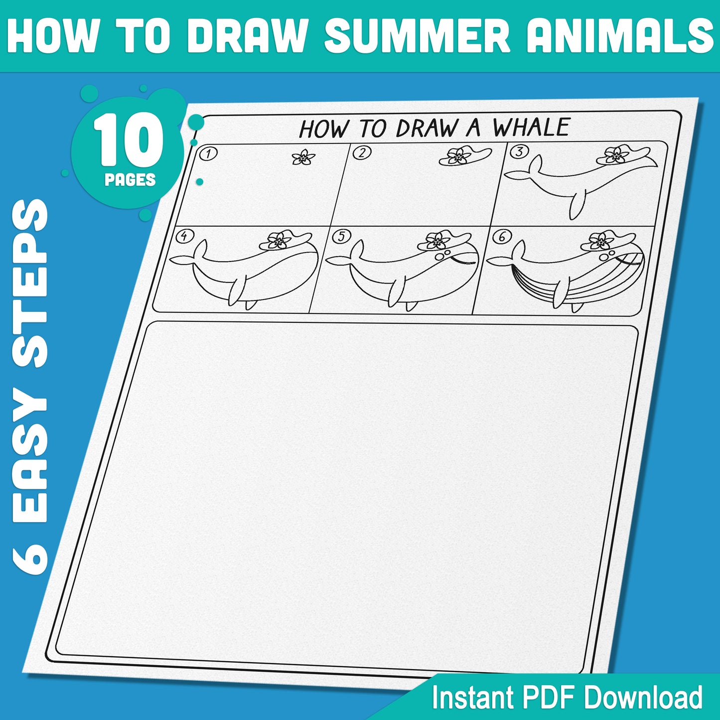 Learn to Draw Summer Animals: 5 Step-by-Step Directed Drawing Tutorials + 5 Coloring Pages, Whale, Crab, Flamingo, Dragonfly, Bee