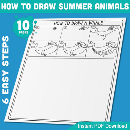 Learn to Draw Summer Animals: 5 Step-by-Step Directed Drawing Tutorials + 5 Coloring Pages, Whale, Crab, Flamingo, Dragonfly, Bee