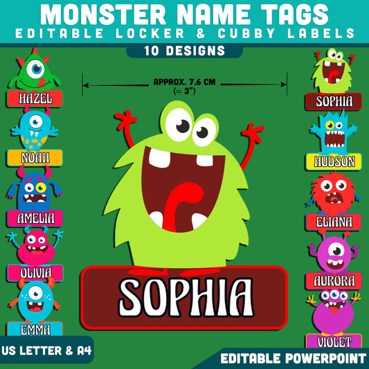Monster Classroom Locker Labels, Student Name Tags, Editable PowerPoint, Desk & Cubby Organization Decor, 10 Designs, US Letter & A4
