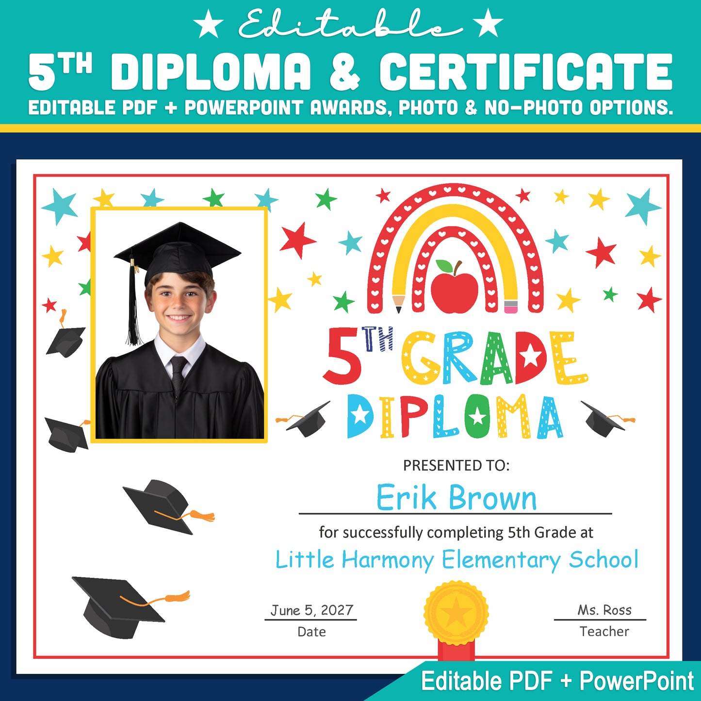 Editable 4th Graduation Diploma & Certificate Set, Printable Rainbow Stars Awards, Photo and No-Photo Options, PDF, PowerPoint, Canva