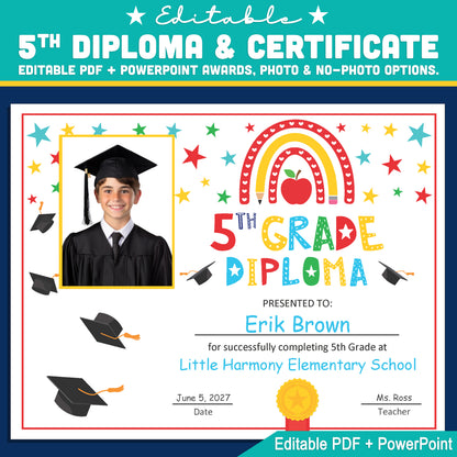 Editable 4th Graduation Diploma & Certificate Set, Printable Rainbow Stars Awards, Photo and No-Photo Options, PDF, PowerPoint, Canva