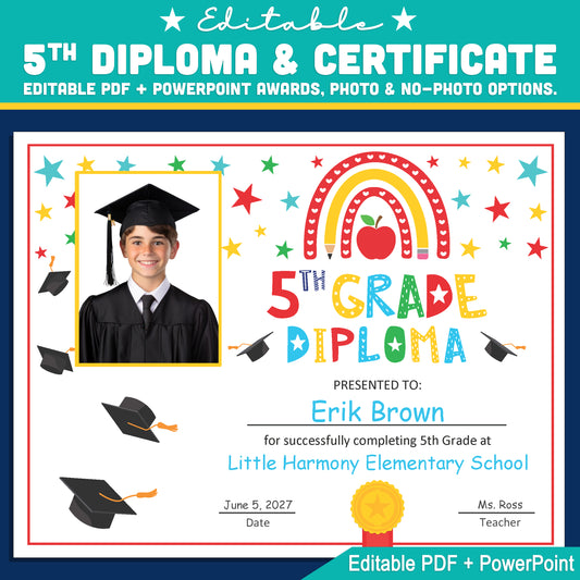 Editable 4th Graduation Diploma & Certificate Set, Printable Rainbow Stars Awards, Photo and No-Photo Options, PDF, PowerPoint, Canva