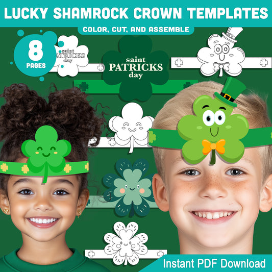 Lucky Shamrock Crown Templates – St. Patrick’s Day Wearable Craft, Shamrock Paper Crowns, Leprechaun School Headband, Play Party Hat, Pre-color + Black & White