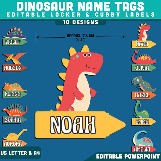 Dinosaur Name Tags, Editable Locker & Cubby Labels, Personalized Classroom Labels, PowerPoint Template, 10 Dinosaur Designs, US Letter, A4