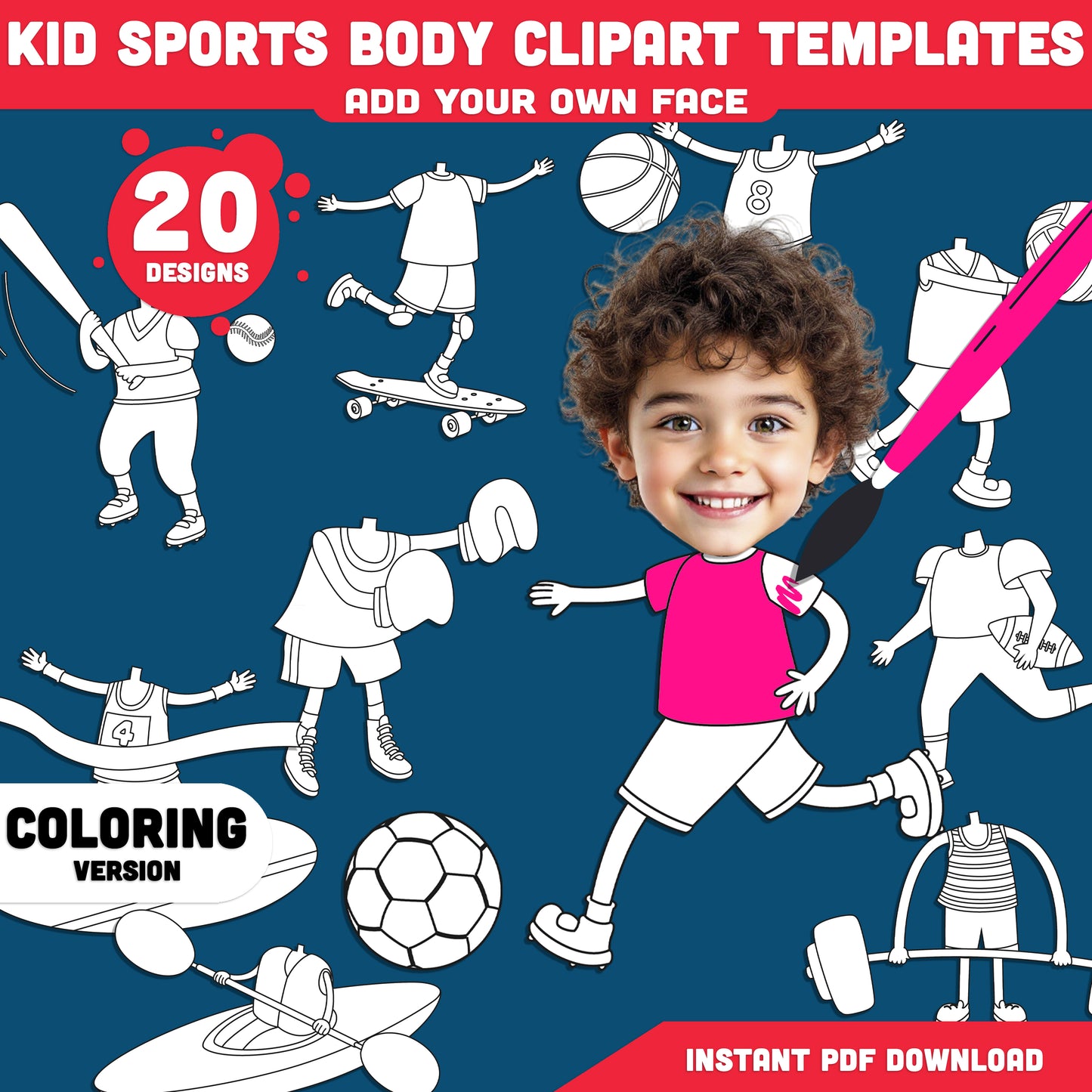 Put Your Own Face on Sports Players, Kid Sports Body Clipart Templates, Personalized Athlete Coloring Pages, PDF Download