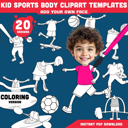 Put Your Own Face on Sports Players, Kid Sports Body Clipart Templates, Personalized Athlete Coloring Pages, PDF Download