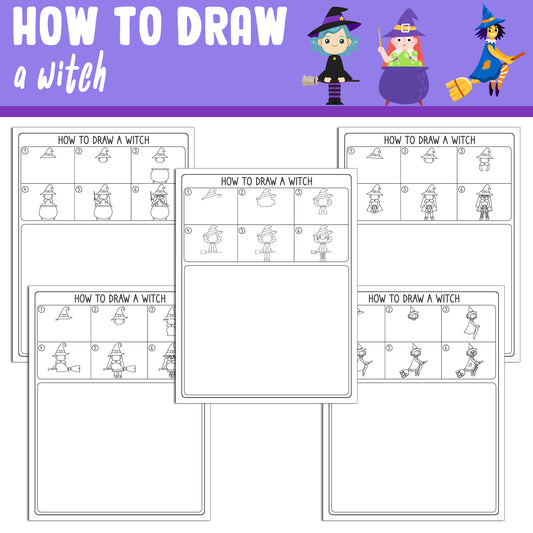 Learn How to Draw a Witch for Kids: Directed Drawing Step by Step Tutorial, Includes 5 Coloring Pages, PDF File, Instant Download.