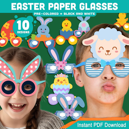 Easter Paper Glasses Printable, Bunny Lamb Egg Spring Craft Template, 10 Printable Glasses Designs, Pre-Colored and Black White Activity