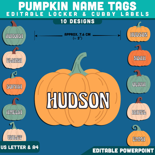 Pumpkin Name Tags, Editable Locker & Cubby Labels, Fall Classroom Decor, Editable PowerPoint Template, 10 Designs, US Letter, A4