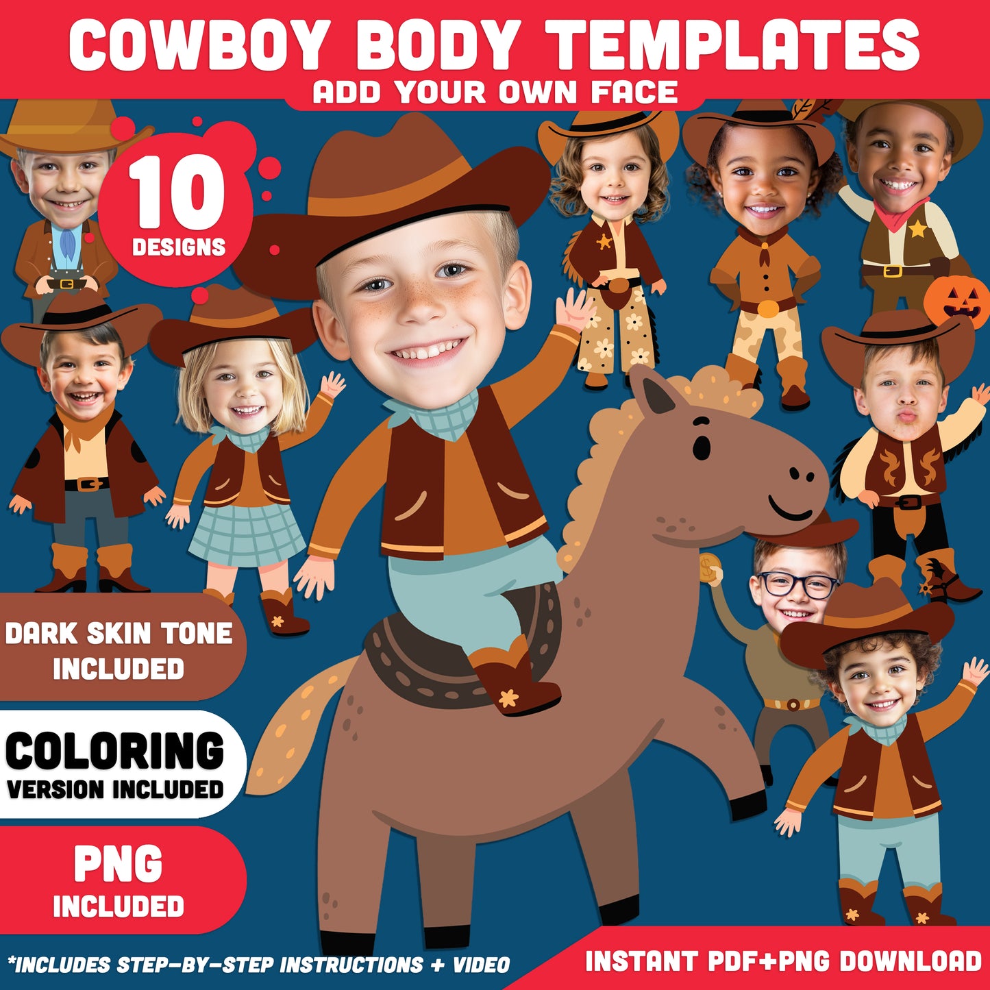 Cowboy Add Your Own Face Craft, Wild West Activity, Printable Body Templates, Bulletin Board Activity, Coloring Version Included, Light Dark Skin Inclusive Designs, PDF PNG Transparent Files