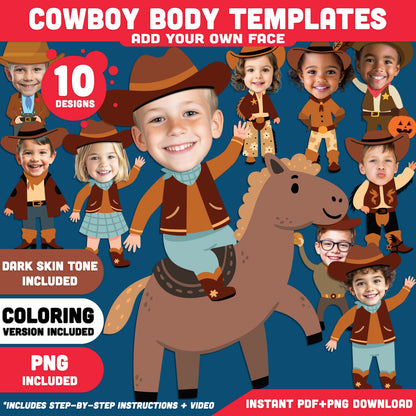 Cowboy Add Your Own Face Craft, Wild West Activity, Printable Body Templates, Bulletin Board Activity, Coloring Version Included, Light Dark Skin Inclusive Designs, PDF PNG Transparent Files