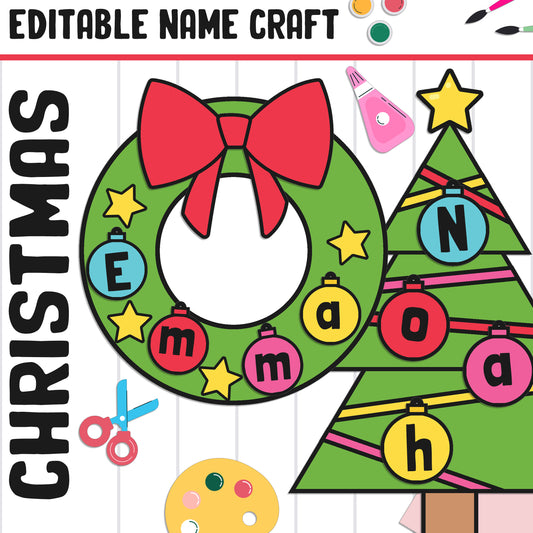 Christmas Name Craft: Holiday Wreath & Christmas Tree Bulletin Board, 28 Pages 2 Sizes, Blank + Editable, Color and Black-and-White Versions