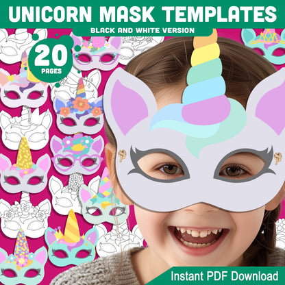 Fun Unicorn Mask Templates: Printable Kids’ Birthday Face Masks, Pre-Colored & Black & White, Ideal for Costumes, Party Favors & Play, Instant PDF.