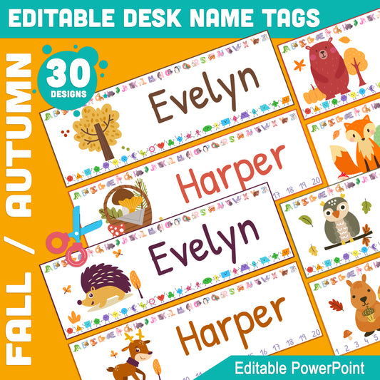 Personalized Fall Desk Name Tags for Students: 30 Adorable Autumn Designs, 8.5"x11" Sheets, 2 Tags Per Page, Size 10"x3.25", Includes Alphabet, Shapes, Numbers 1-20