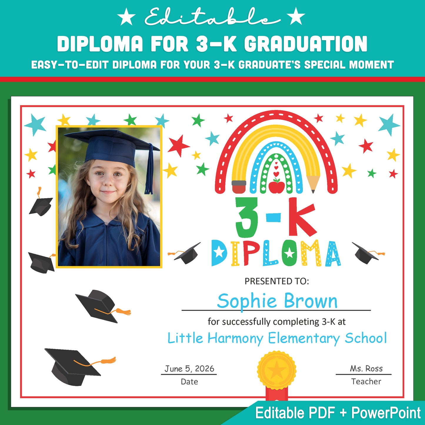 Editable 3-K Diploma with Photo Graduation Certificate Template, K-3 Photo Certificate Printable, Editable PDF and Editable PowerPoint, Letter Size