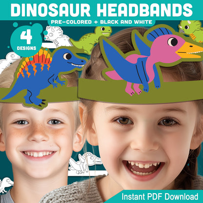 Printable Dinosaur Headbands, Paper Crowns, Color Your Own Hats, Dinosaur Craft Activity, Pre-Colored, Black & White, US Letter, A4