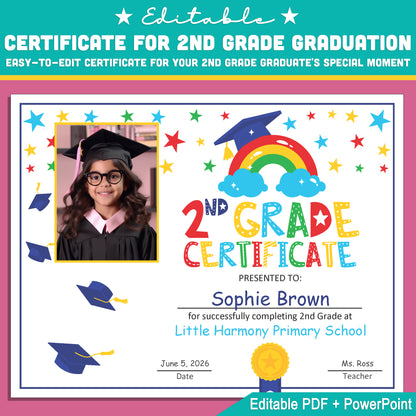 Editable Second Grade Certificate Template with Photo: Letter Size PDF & PowerPoint for Graduation and Special Award Ceremonies