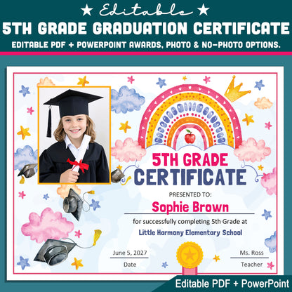 5th Grade Completion Certificate, Fifth Grade Graduation End of School Year Awards, Editable Rainbow Stars, Photo and No Photo, PDF and PowerPoint