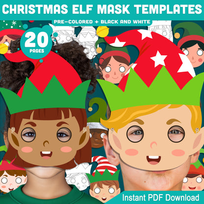 Printable Christmas Elf Mask Templates: Holiday Craft for Kids, 10 Designs, Pre-Colored + Black and White, Perfect for School Plays, Parties, or Home Fun, PDF