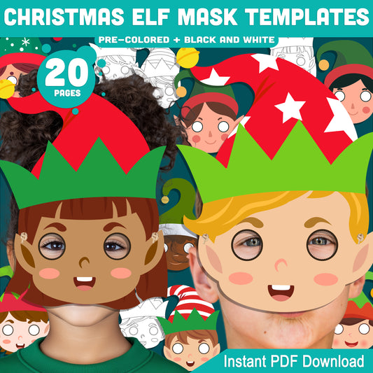 Printable Christmas Elf Mask Templates: Holiday Craft for Kids, 10 Designs, Pre-Colored + Black and White, Perfect for School Plays, Parties, or Home Fun, PDF