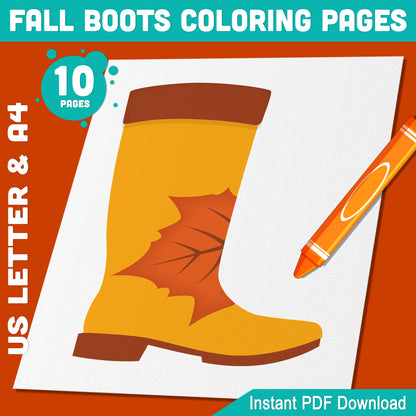 Fall Boots Coloring Pages, Printable Autumn Art Activity, Seasonal Classroom Resource, Kids Coloring Book, 10 Designs, US Letter & A4 PDF