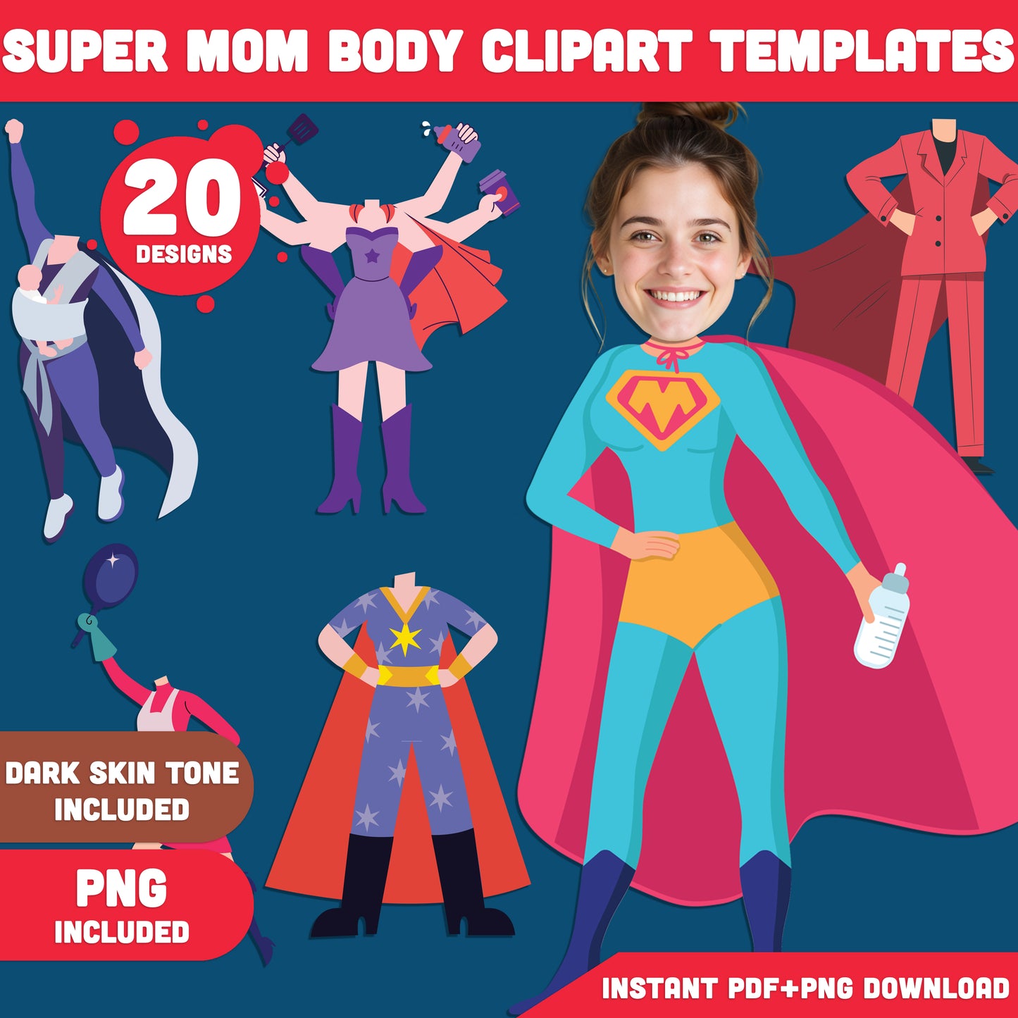 Super Mom Body Clipart: Printable Designs, Customizable Craft for Kids, Fun Mother’s Day Activity to Add Your Mom’s Face, Light + Dark Skin Tone, PDF + PNG