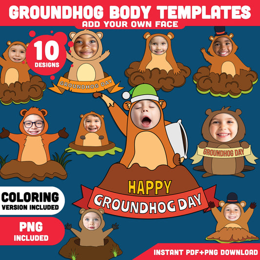 Groundhog Body Templates – Groundhog Day Craft Add Your Own Face, Photo Cut and Paste Activity with Coloring Version, PDF & PNG
