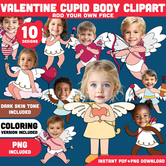 Valentine Cupid Add Your Own Face, Valentine Activities for Classroom, Home & Parties, Coloring Pages, High-Res PDF PNG