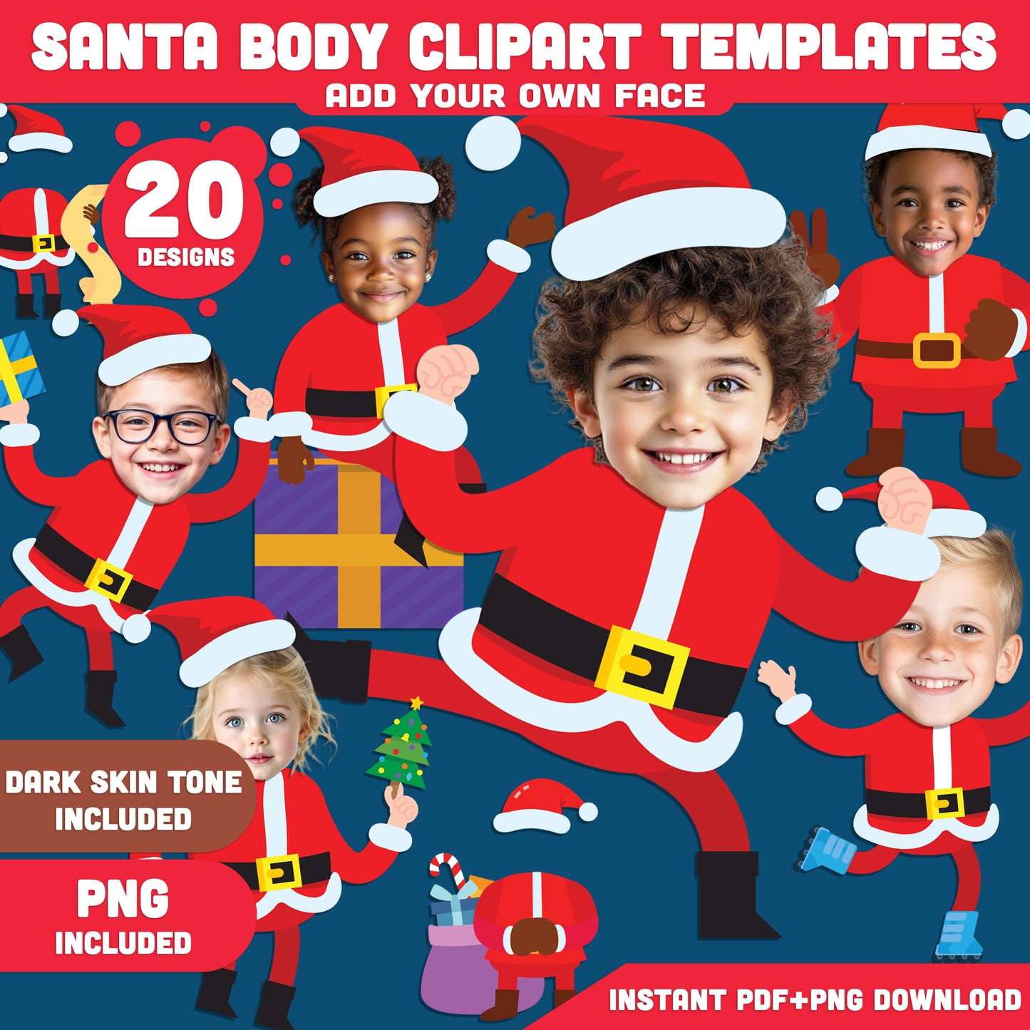 Printable Santa Body Template PNG Crafts – Add Your Own Face Christmas Project, 20 Designs Light + Dark Skin Tones, PDF + PNG for School and Home Use