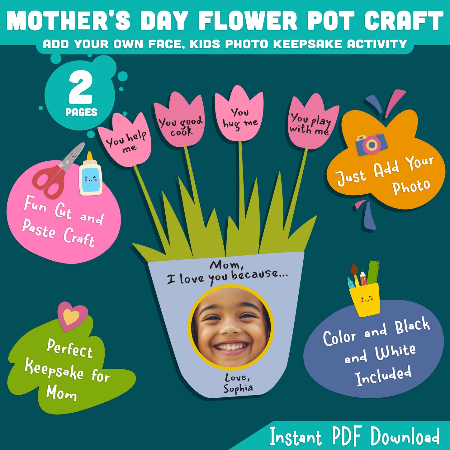 Mother’s Day Flower Pot Craft, Student Picture Craft with Writing Prompt, Printable Coloring Cutting Project, Gift for Mom Grandma or Family, Black White Color