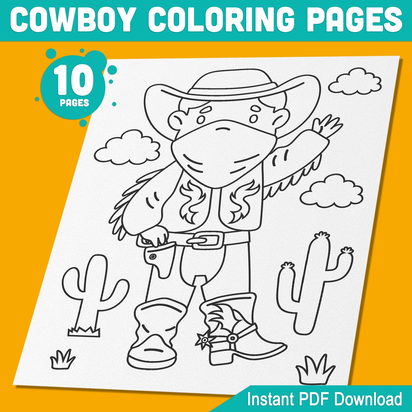 Cowboy Coloring Pages: 10 Engaging Designs for Kindergarten & Preschool Kids, Ideal for Parties and Learning Fun, Instant PDF Download