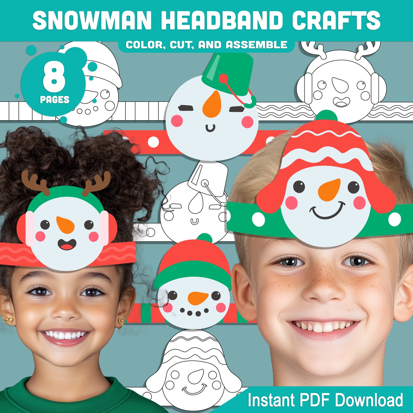 Printable Snowman Headband Crafts, Christmas Crown and Paper Hat Activity, Cut, Color & Assemble, Winter Craft for Kids, 4 Designs, Pre-color + Black & White, PDF Download