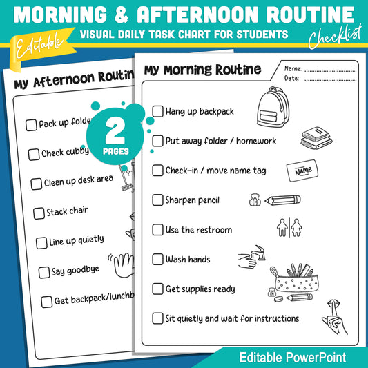 Editable Morning and Afternoon Routine Checklist – Custom Task Charts for Individual Students, PowerPoint, Visual Daily Organizer, 2 Pages