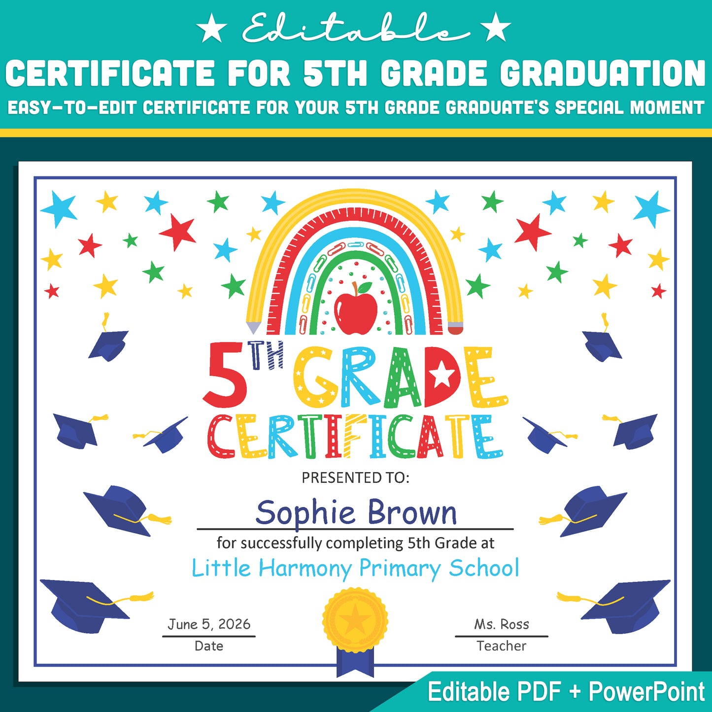 5th Grade Certificate Template: Letter Size Editable PDF & PowerPoint for Memorable Graduation Events, Student Milestones, and Recognition Awards