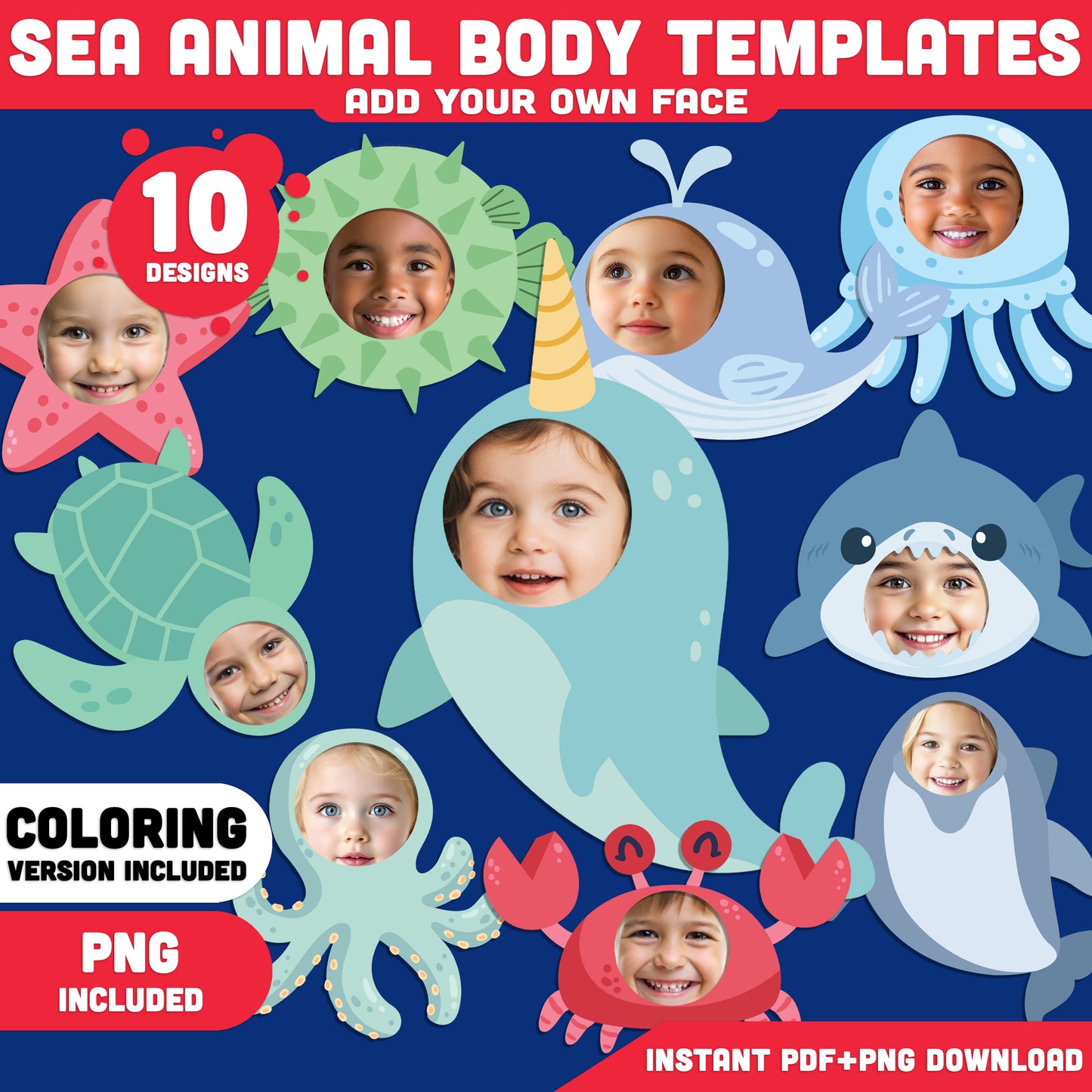 Sea Animal Add Your Own Face Craft, Under the Sea Body Templates, Printable Activity for Kids, 10 Designs, Coloring Included, PDF PNG Files