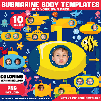 Submarine Add Your Own Face Craft for Kids, Submarine Photo Cutout Templates, Summer Ocean Activity, Transparent PNG Files, Coloring Pages