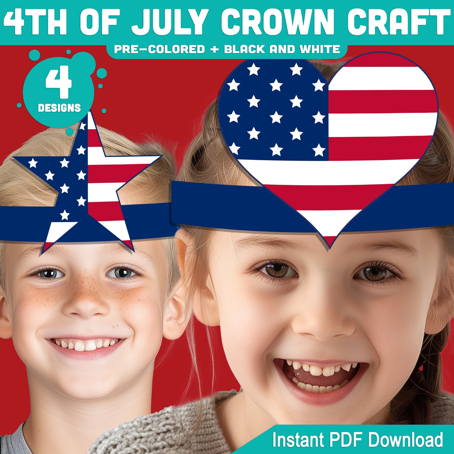 4th of July Crown Craft, Printable Holiday Headband Activity for Kids, Patriotic Coloring and Wearable Crown Templates