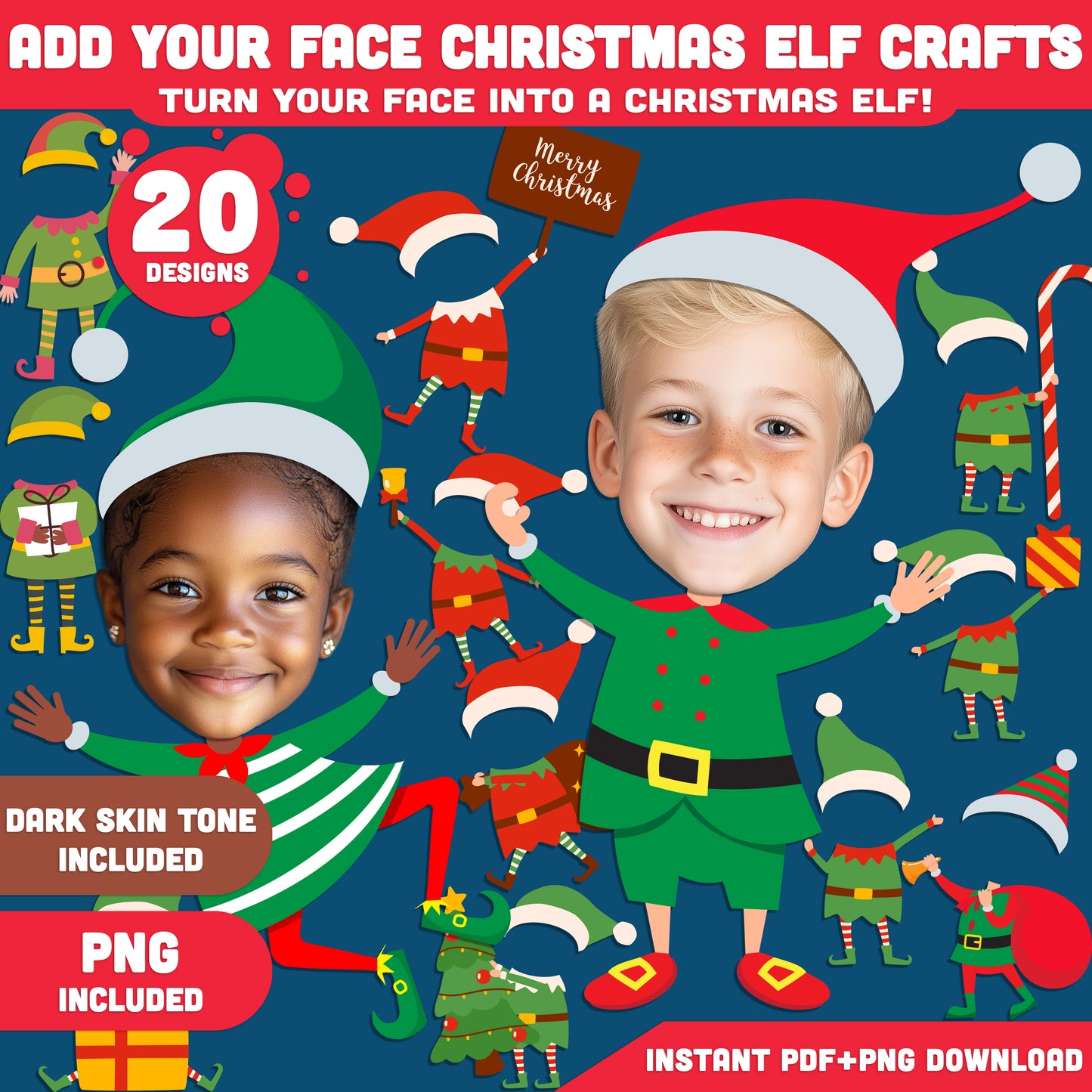 Printable Add Your Face Christmas Elf Crafts, 20 Designs – Light Skin Tone + Dark Skin Tone, PDF + PNG, Fun Holiday Activity for Home, School, Class, 8.5x11"