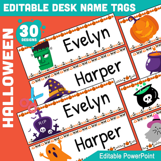 Editable Halloween Name Tags for Students: Funny Bulletin Board, Classroom Labels & Desk Tags, 30 Unique Designs